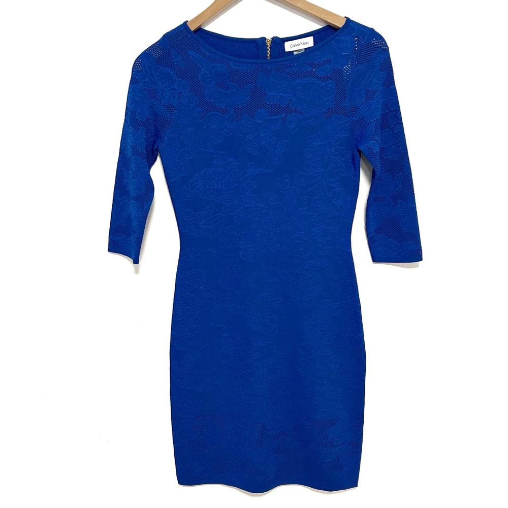 Calvin Klein bodycon form fitted dress gold zipper floral lace blue size 2